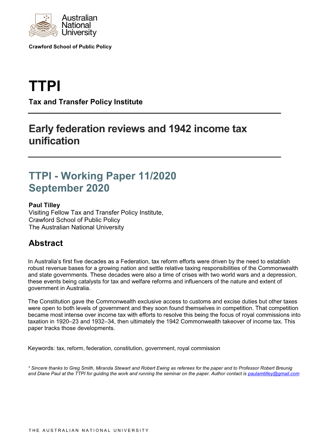 Early Federation Reviews and 1942 Income Tax Unification