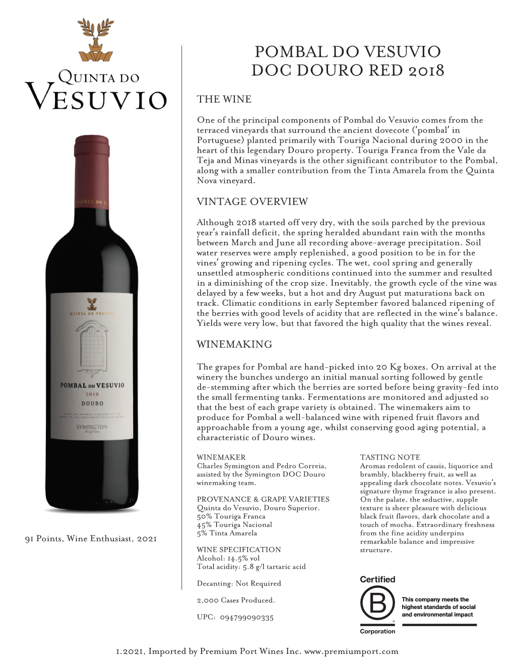 Quinta Do Vesuvio Pombal 2018 Product Sheet