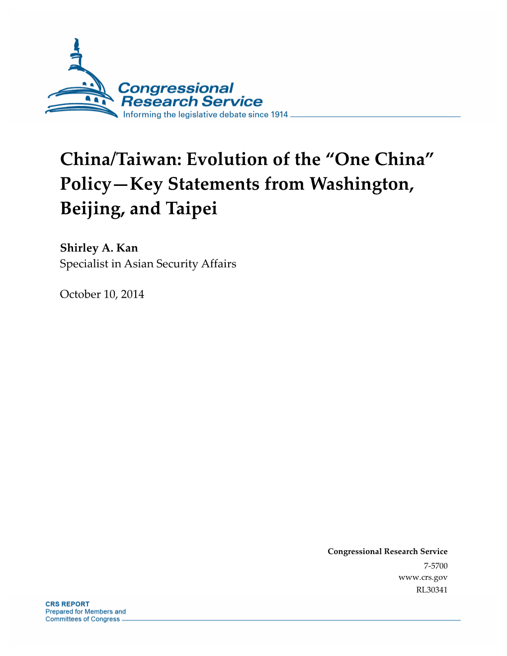 “One China” Policy—Key Statements from Washington, Beijing, and Taipei