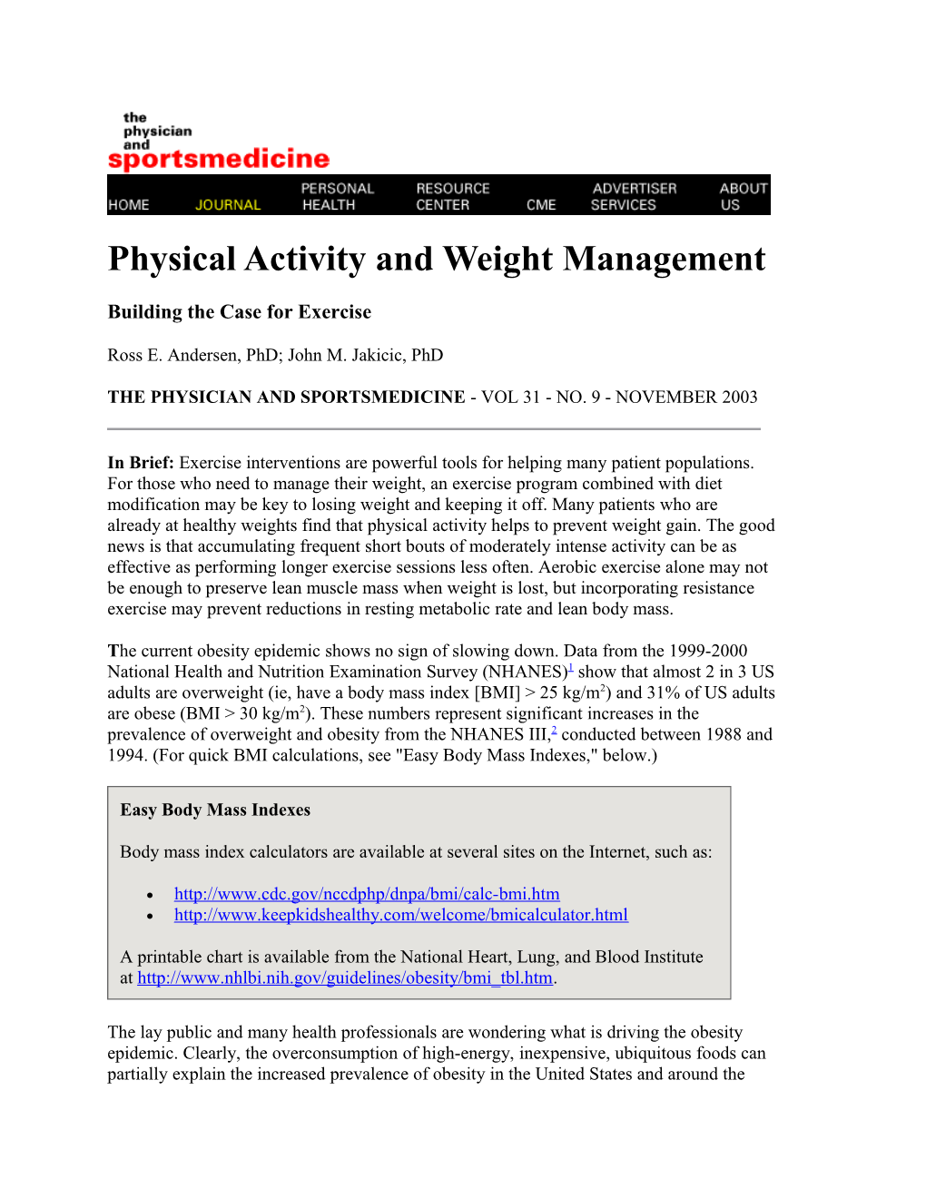 Physical Activity and Weight Management