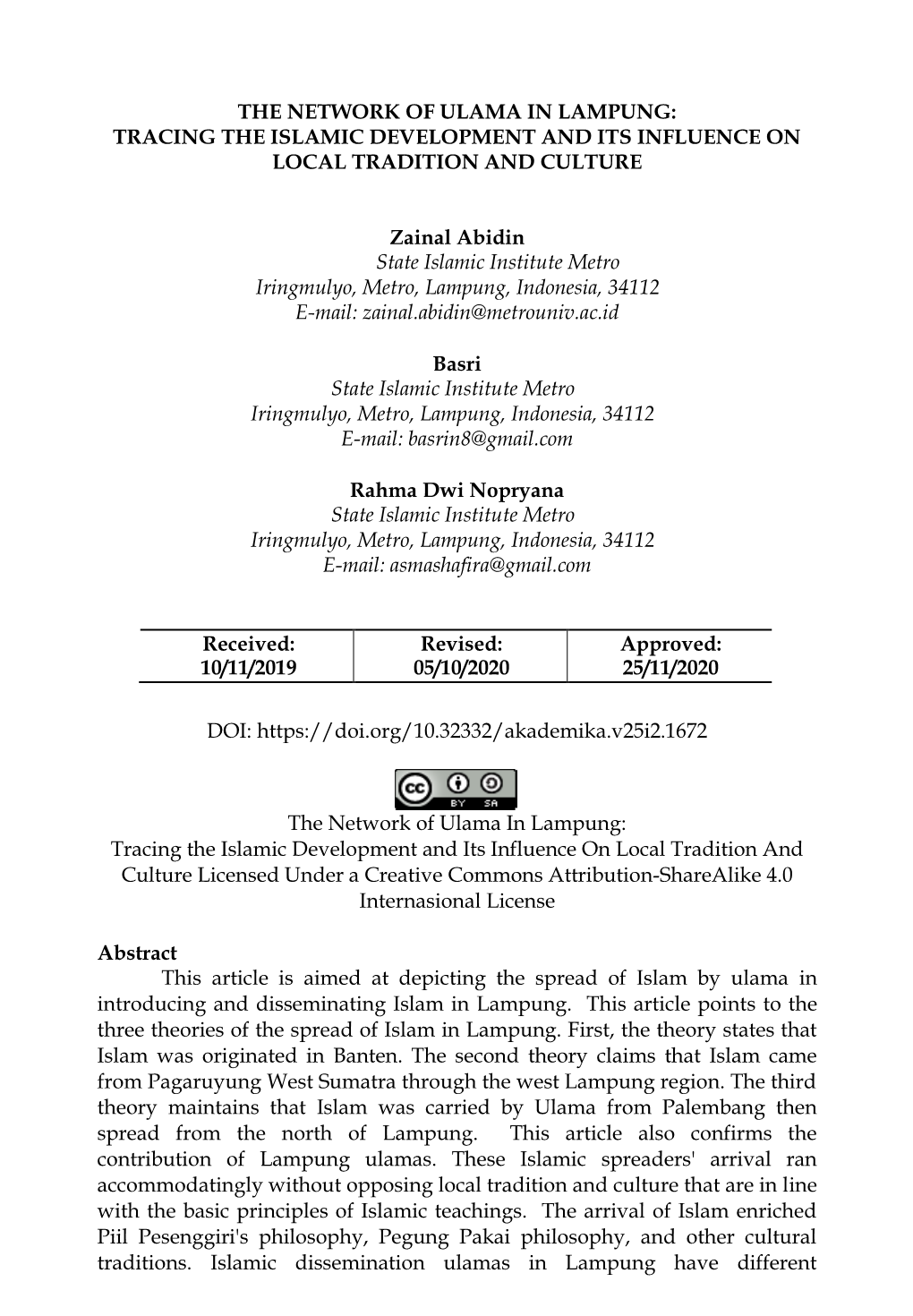 The Network of Ulama in Lampung: Tracing the Islamic Development and Its Influence on Local Tradition and Culture