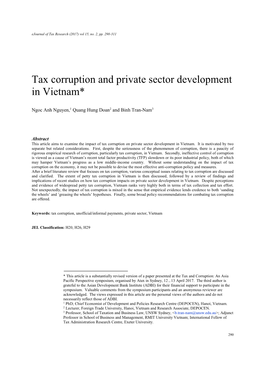 Tax Corruption and Private Sector Development in Vietnam*