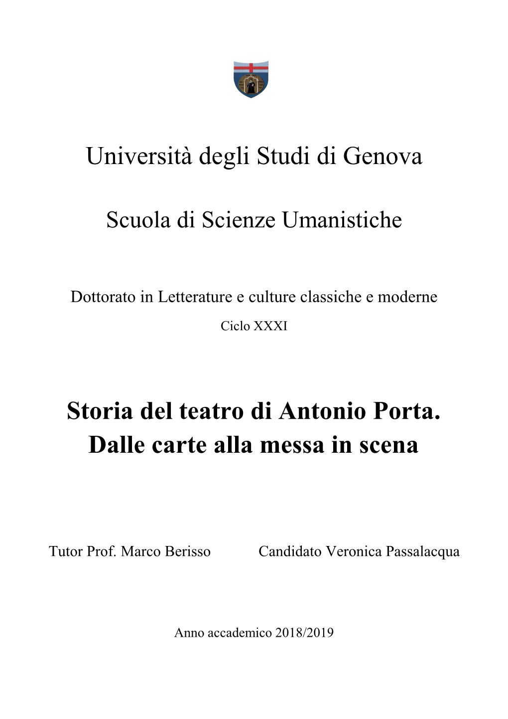 Università Degli Studi Di Genova Storia Del Teatro Di Antonio Porta