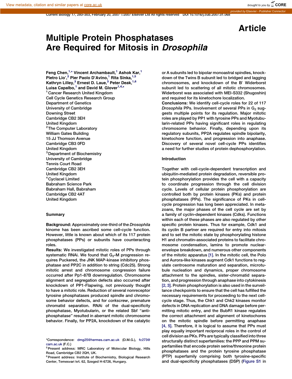 Article Multiple Protein Phosphatases Are Required for Mitosis in Drosophila