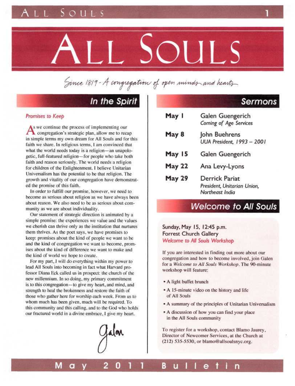 SOULS in the Spirit Sermons Welcome to All Souls M Ay 2 0 1 1 B Ulletin