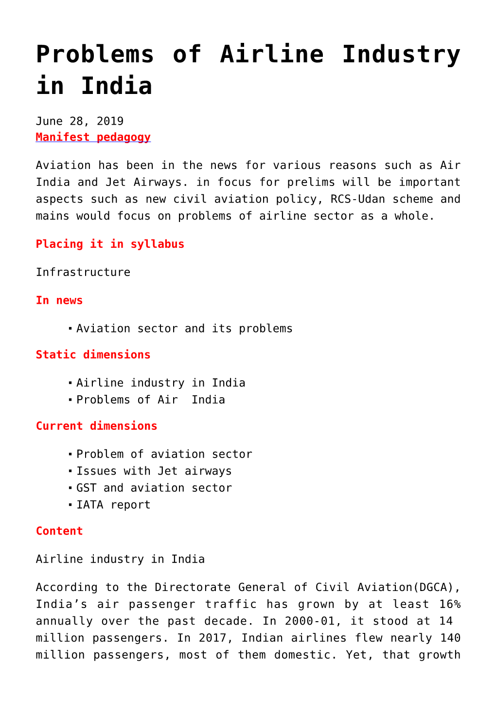 Problems of Airline Industry in India