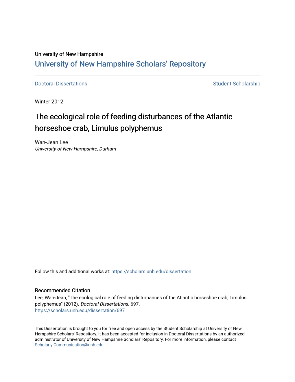 The Ecological Role of Feeding Disturbances of the Atlantic Horseshoe Crab, Limulus Polyphemus