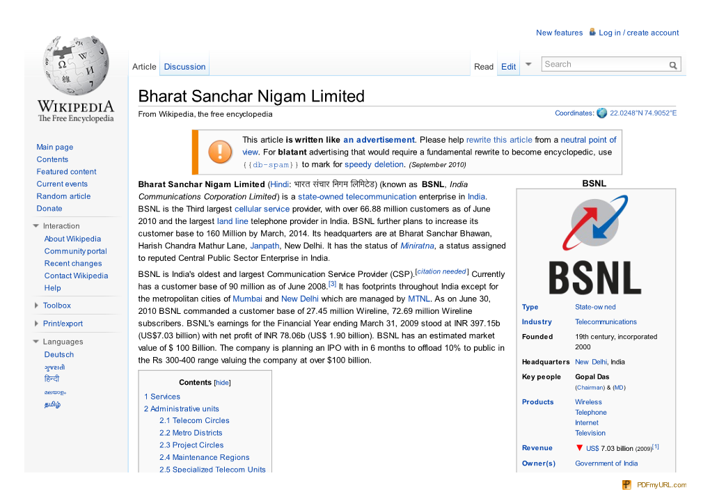 Bharat Sanchar Nigam Limited from Wikipedia, the Free Encyclopedia Coordinates: 22.0248°N 74.9052°E