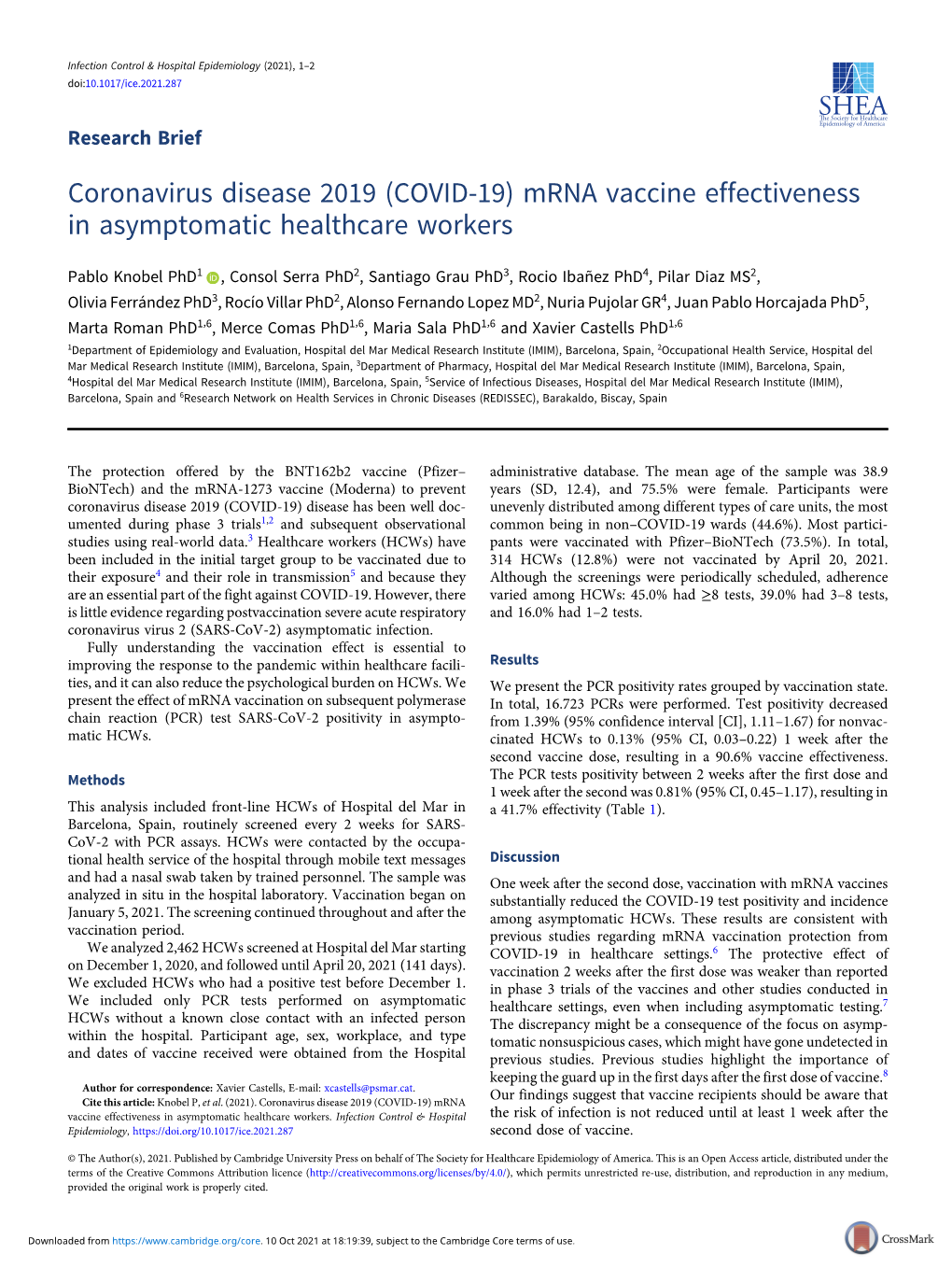 Mrna Vaccine Effectiveness in Asymptomatic Healthcare Workers
