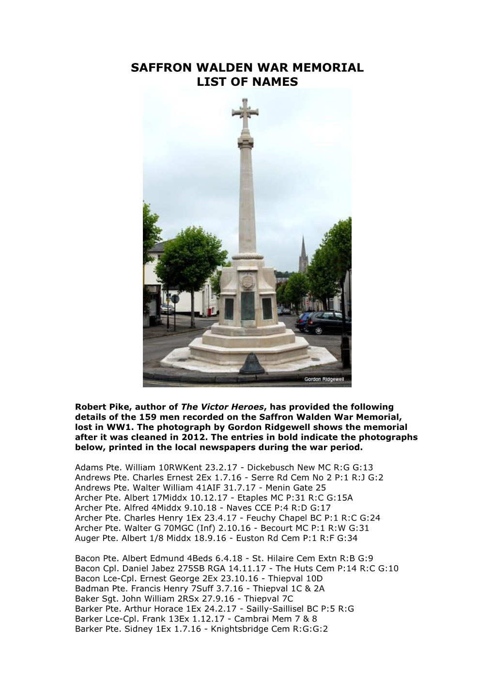 Saffron Walden War Memorial List of Names