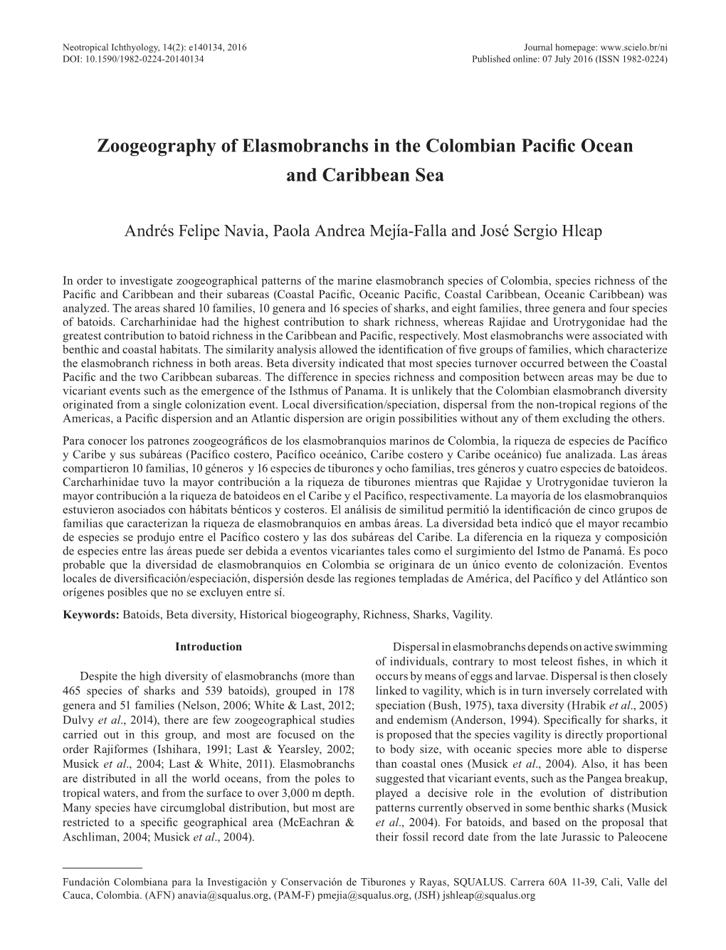 Zoogeography of Elasmobranchs in the Colombian Pacific Ocean and Caribbean Sea