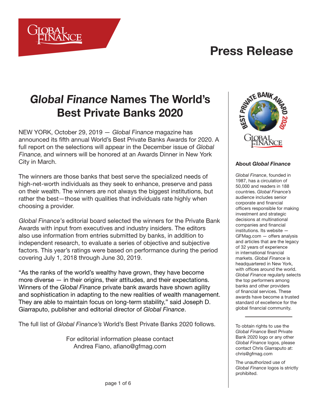 Global Finance Names the World's Best Private Banks 2020