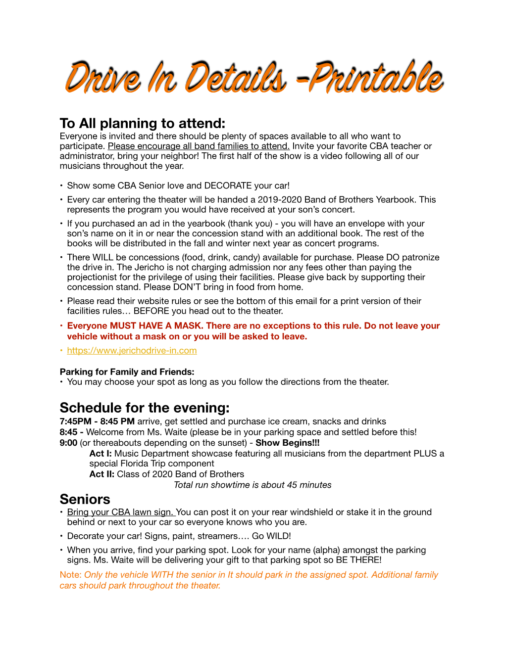 Drive in Details and Rules Printable