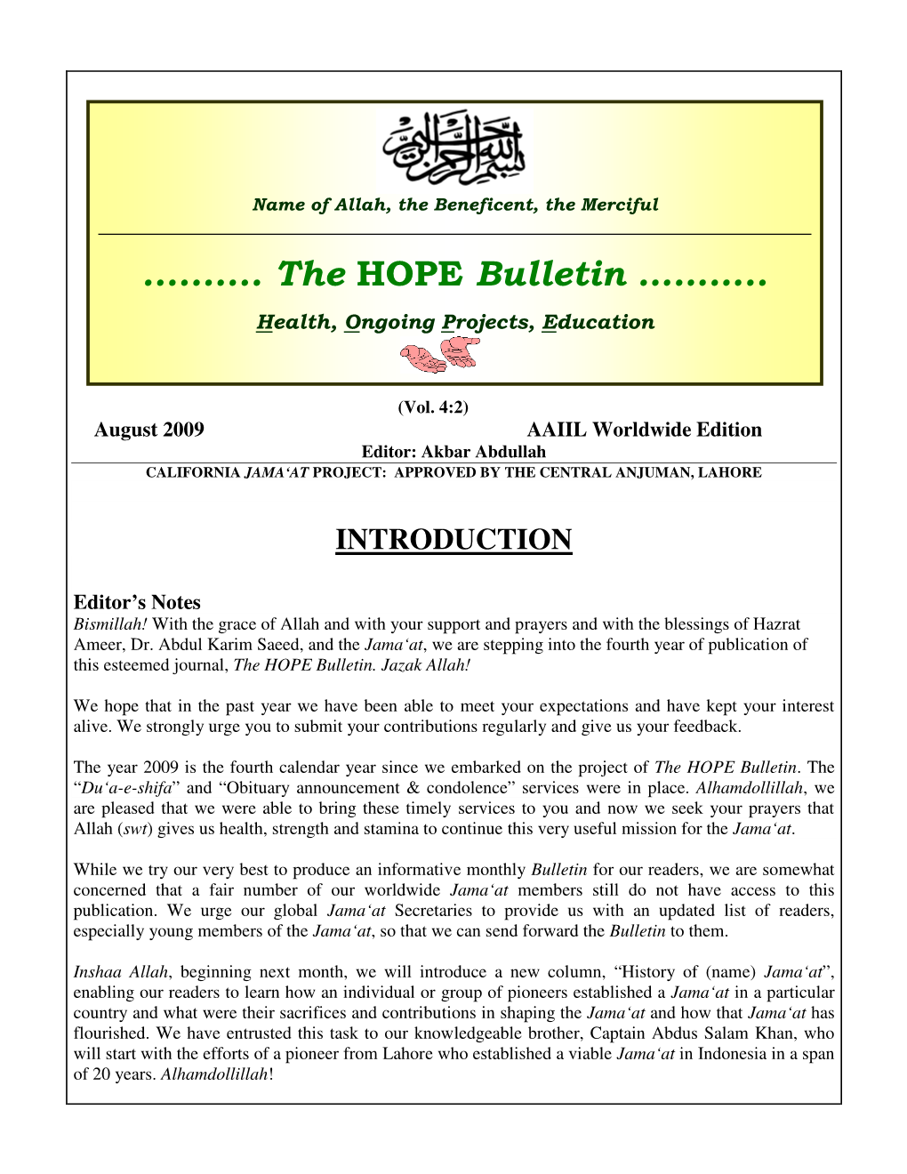 The HOPE Bulletin (31/08/2009): August 2009 Bulletin —