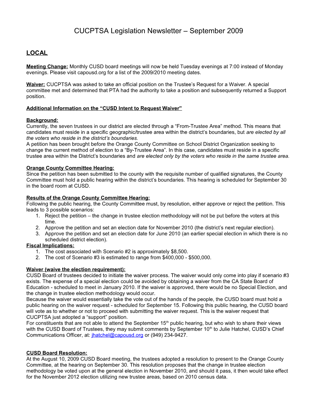 CUCPTSA Legislation Newsletter September 2009