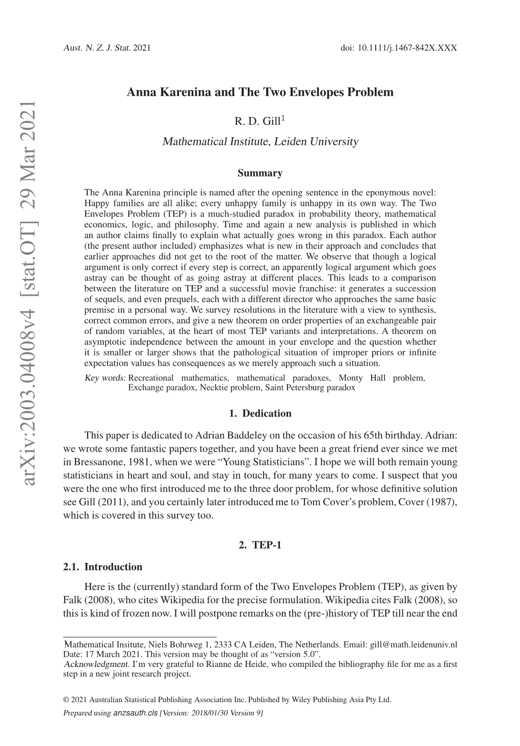 Arxiv:2003.04008V4 [Stat.OT] 29 Mar 2021 Hsi Ido Rznnw Ilpspn Eak Nte(Pre the on Remarks Postpone Will I Now