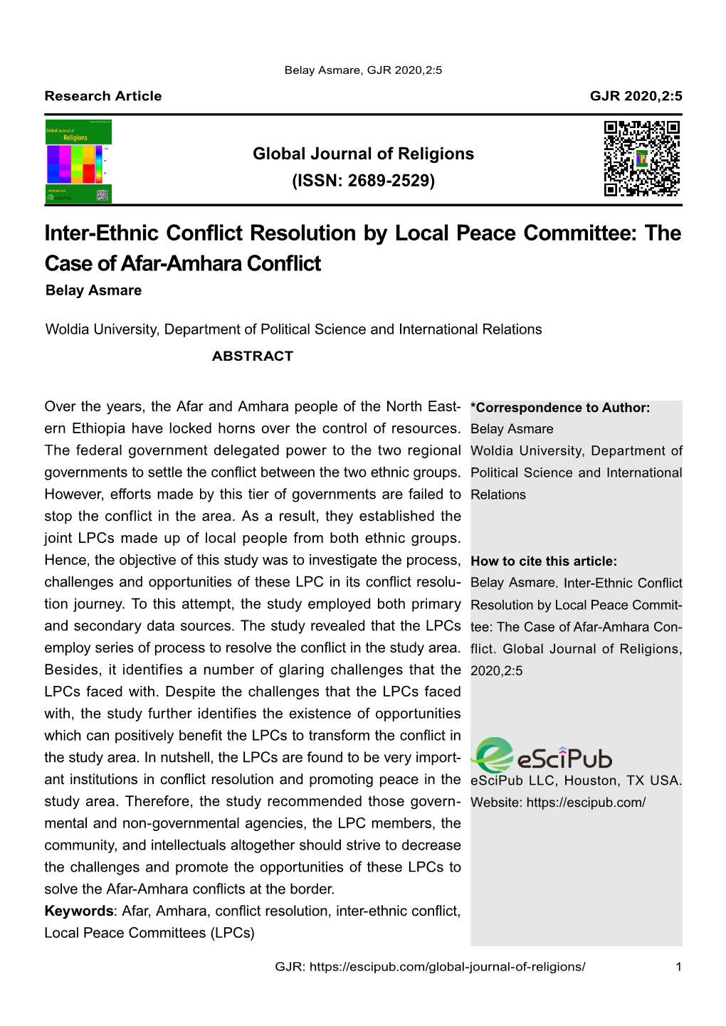 Inter-Ethnic Conflict Resolution by Local Peace Committee: the Case of Afar-Amhara Conflict Belay Asmare