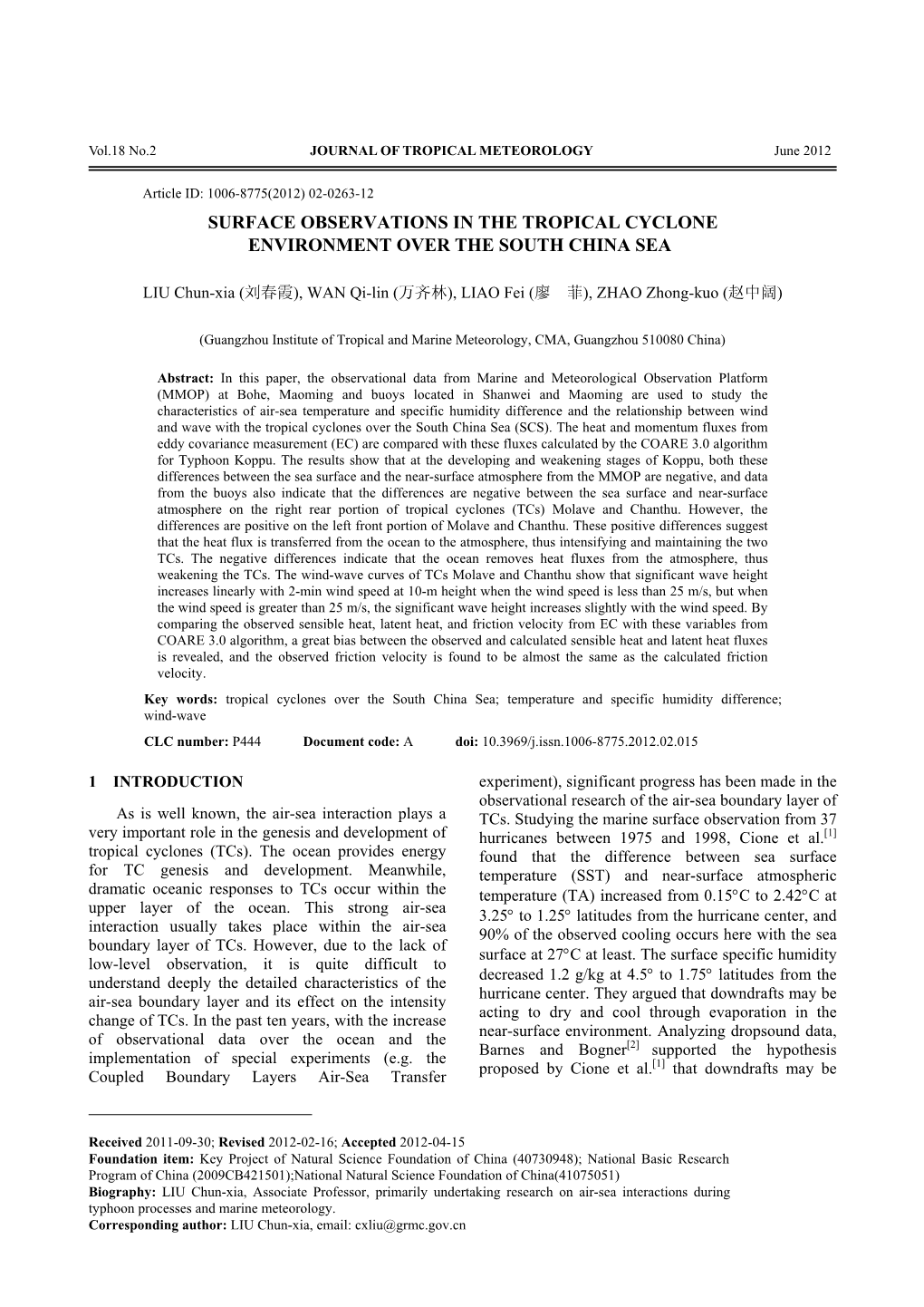 Surface Observations in the Tropical Cyclone Environment Over the South China Sea