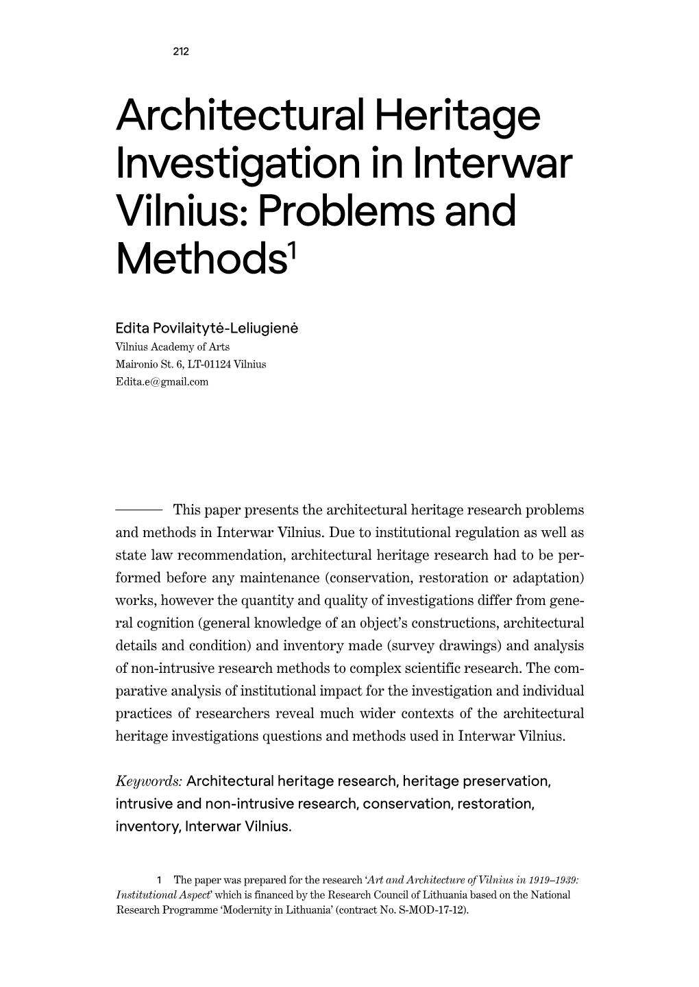 Architectural Heritage Investigation in Interwar Vilnius: Problems and Methods1