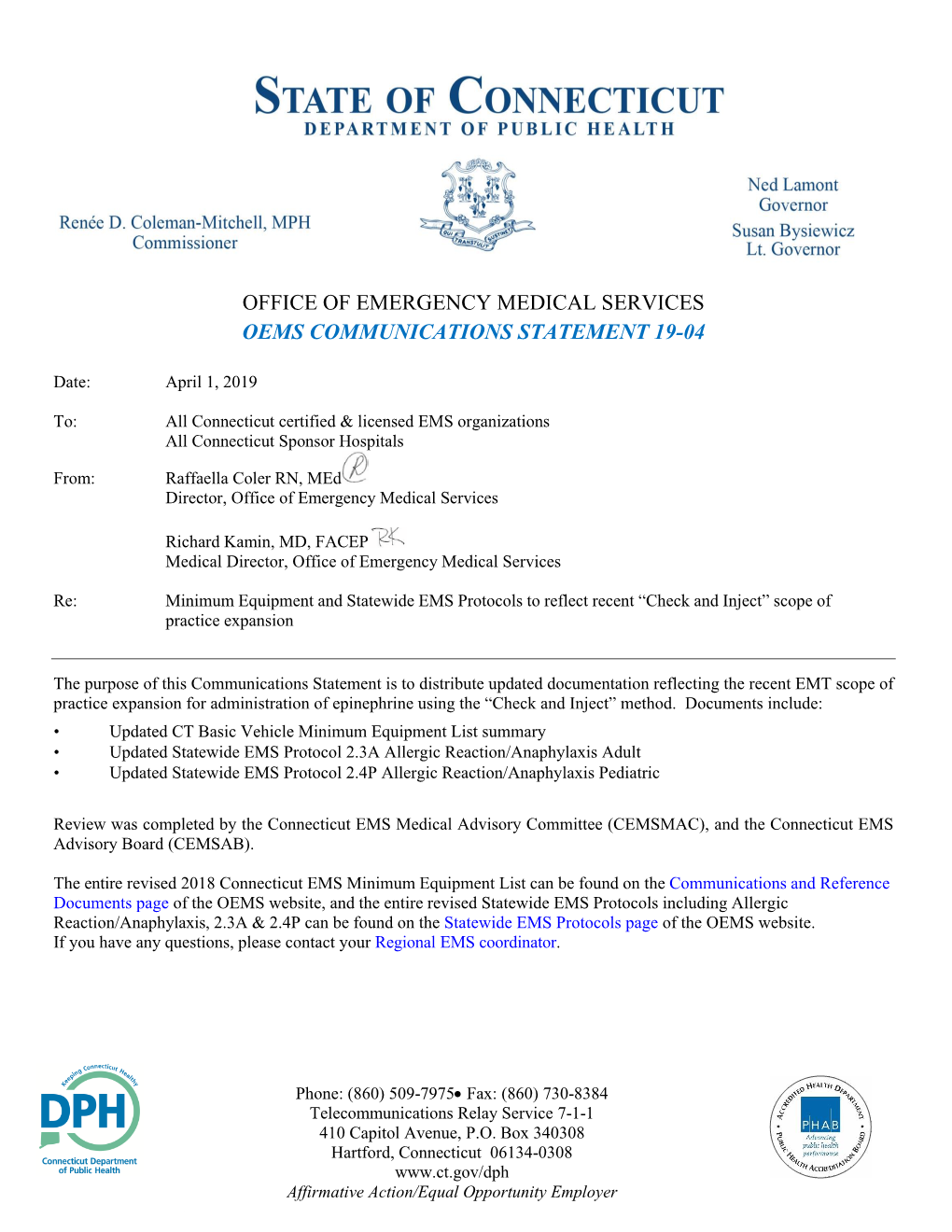 Office of Emergency Medical Services Oems Communications Statement 19-04