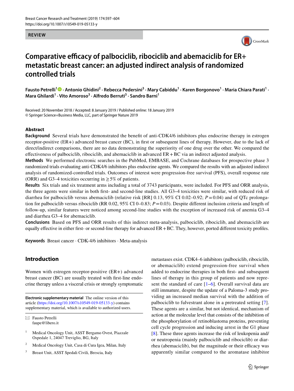 Comparative Efficacy of Palbociclib, Ribociclib and Abemaciclib for ER+ Metastatic Breast Cancer: an Adjusted Indirect Analysis of Randomized Controlled Trials