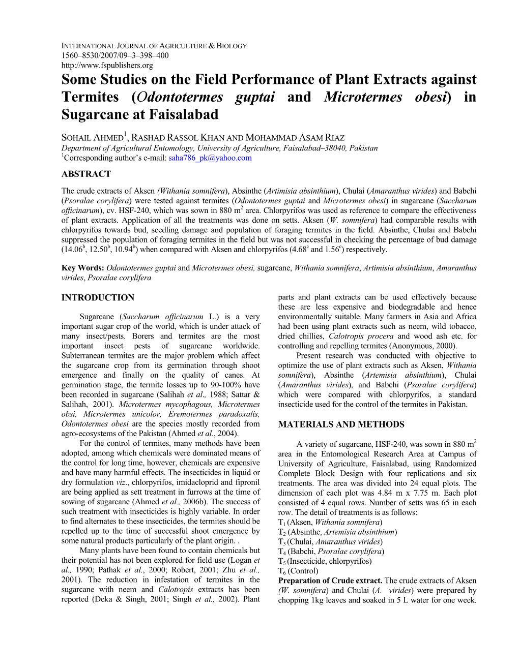 Some Studies on the Field Performance of Plant Extracts Against Termites (Odontotermes Guptai and Microtermes Obesi) in Sugarcane at Faisalabad