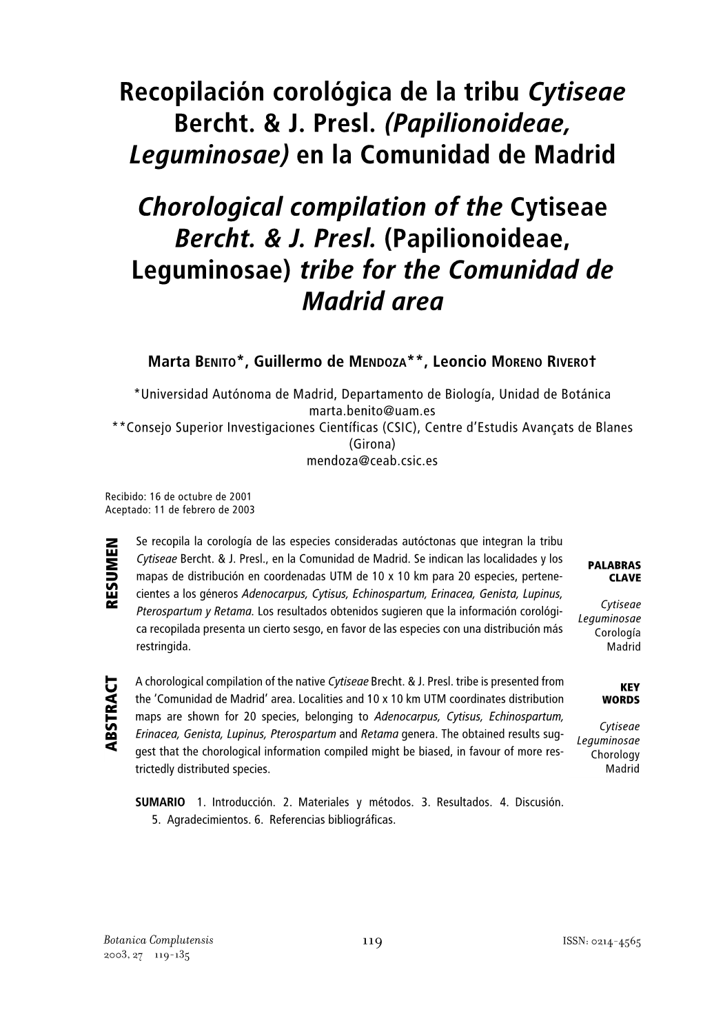 Recopilación Corológica De La Tribu Cytiseae Bercht. & J. Presl. (Papilionoideae, Leguminosae) En La Comunidad De Madrid C