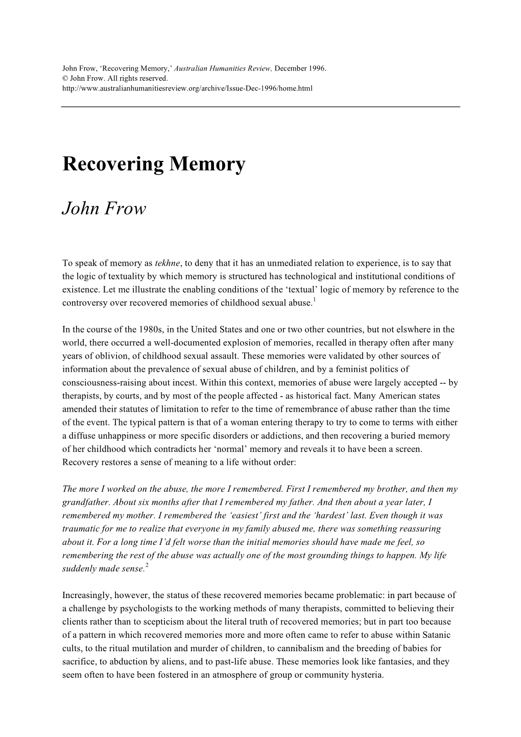 Recovering Memory,’ Australian Humanities Review, December 1996