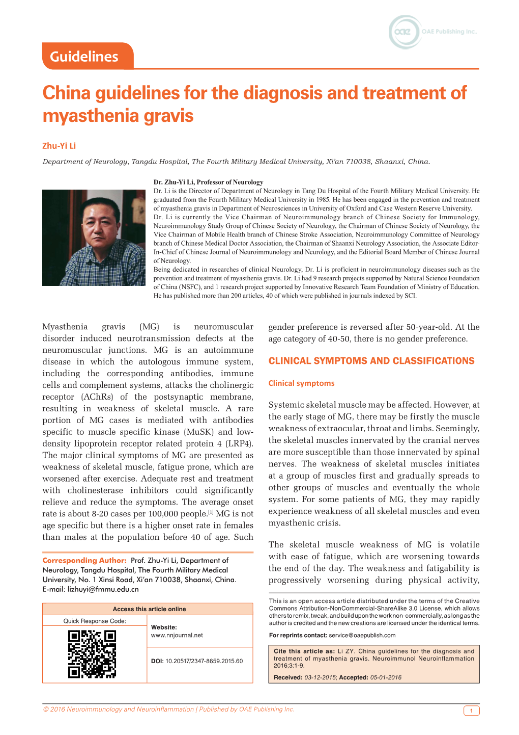 China Guidelines for the Diagnosis and Treatment of Myasthenia Gravis