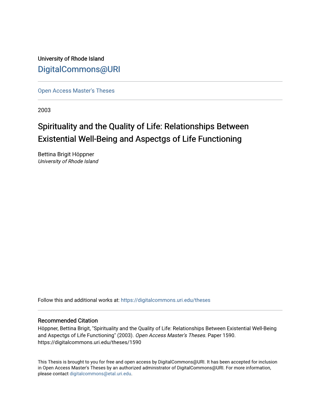 Relationships Between Existential Well-Being and Aspectgs of Life Functioning