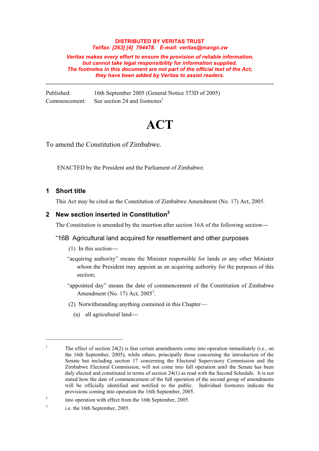 Constitution of Zimbabwe Amendment (No. 17) Actl, 2005