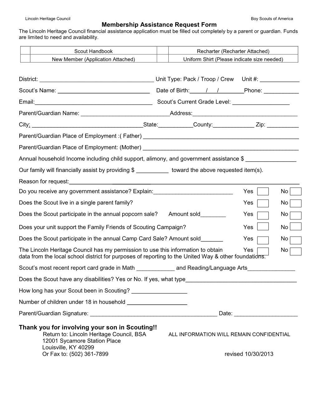 Membership Assistance Request Form the Lincoln Heritage Council Financial Assistance Application Must Be Filled out Completely by a Parent Or Guardian