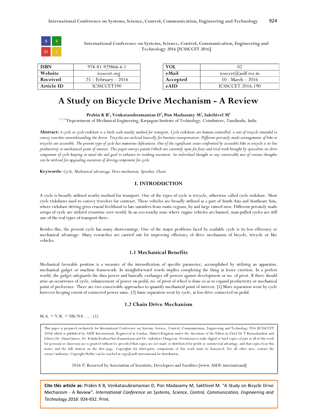 A Study on Bicycle Drive Mechanism - a Review