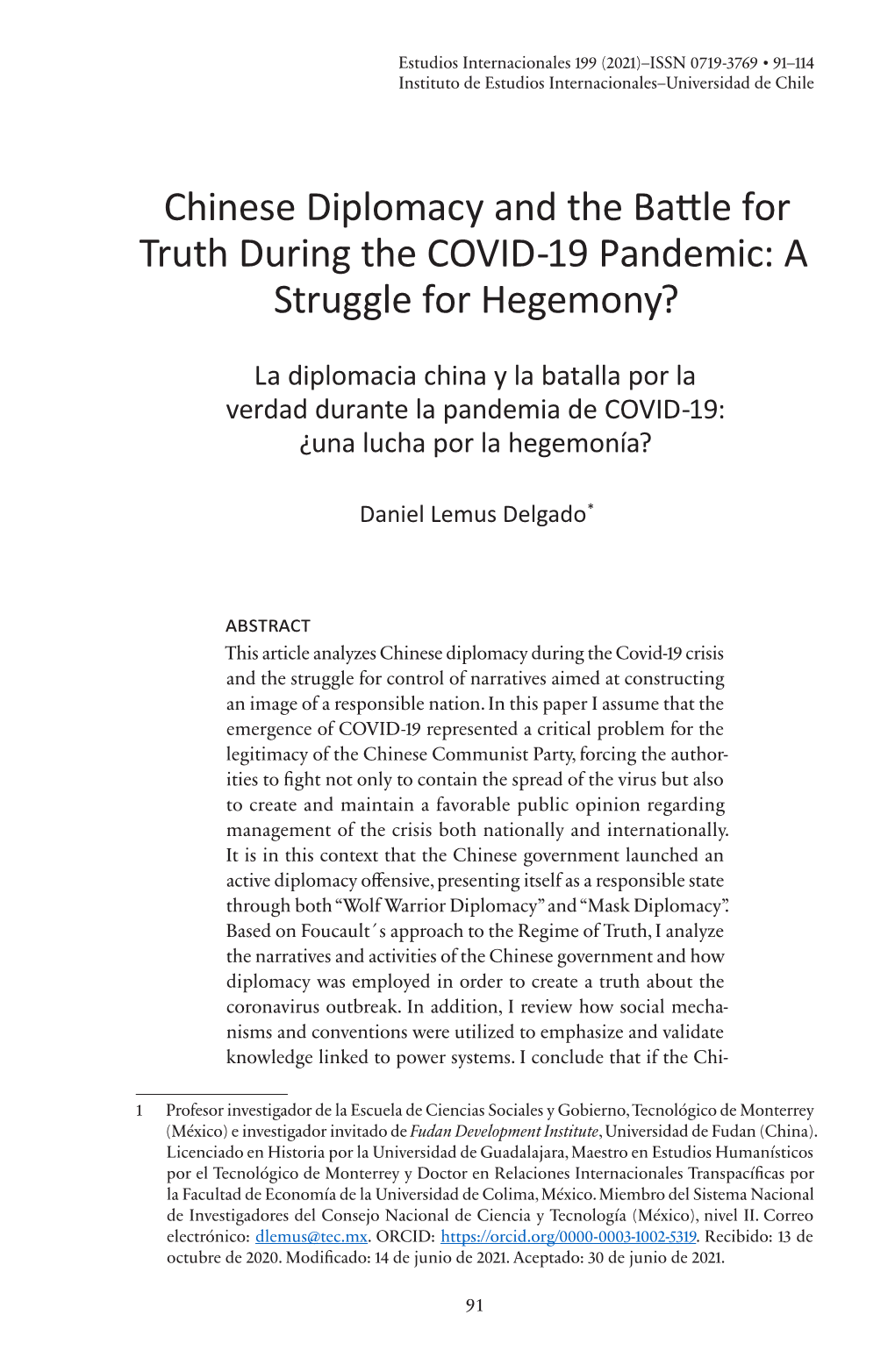 Chinese Diplomacy and the Battle for Truth During the COVID-19 Pandemic: a Struggle for Hegemony?