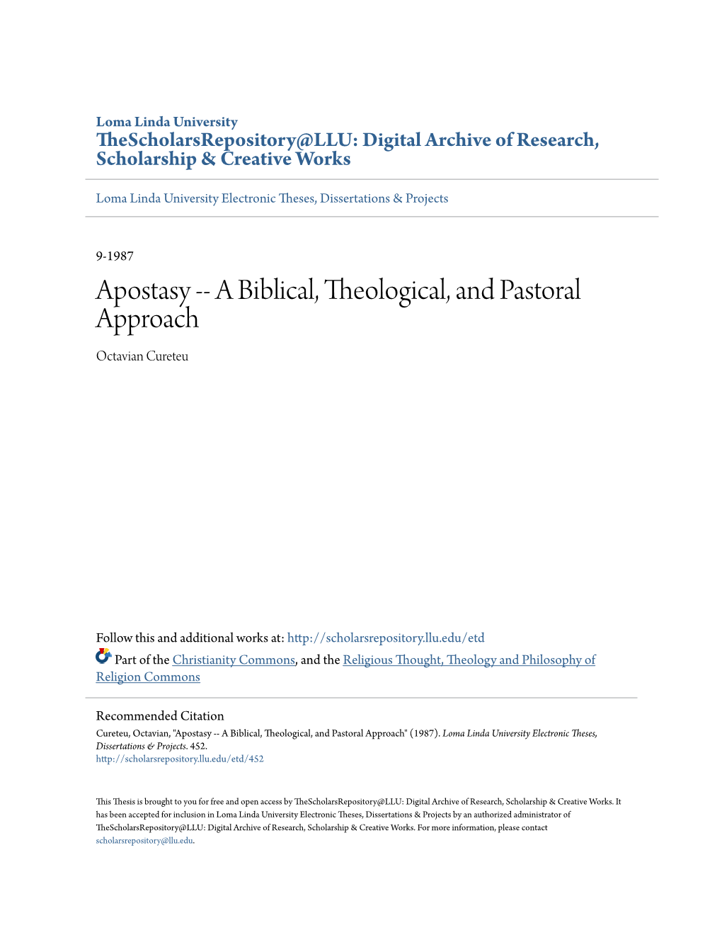 Apostasy -- a Biblical, Theological, and Pastoral Approach Octavian Cureteu