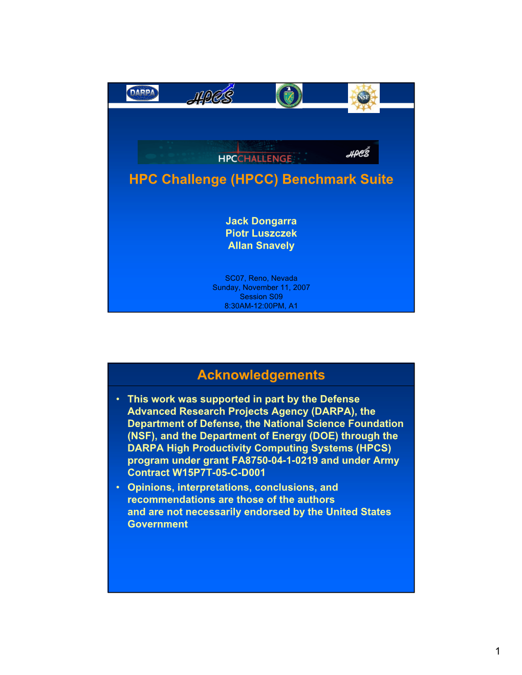 HPC Challenge (HPCC) Benchmark Suite Acknowledgements