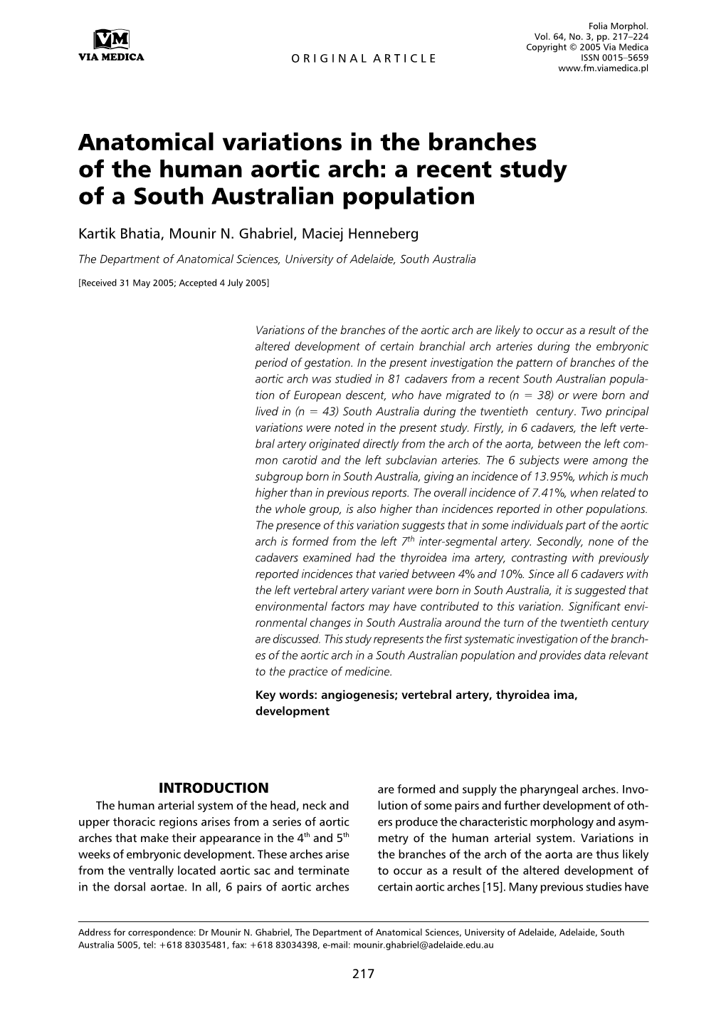 Anatomical Variations in the Branches of the Human Aortic Arch: a Recent Study of a South Australian Population