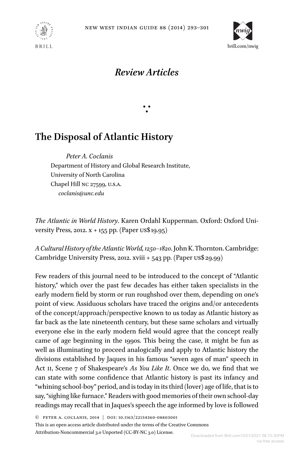 Reviewarticles the Disposal of Atlantic History