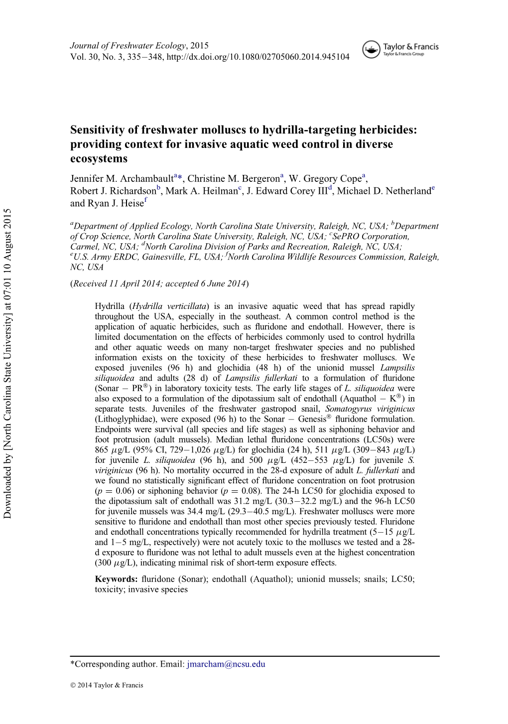 Sensitivity of Freshwater Molluscs to Hydrilla-Targeting Herbicides: Providing Context for Invasive Aquatic Weed Control in Diverse Ecosystems Jennifer M