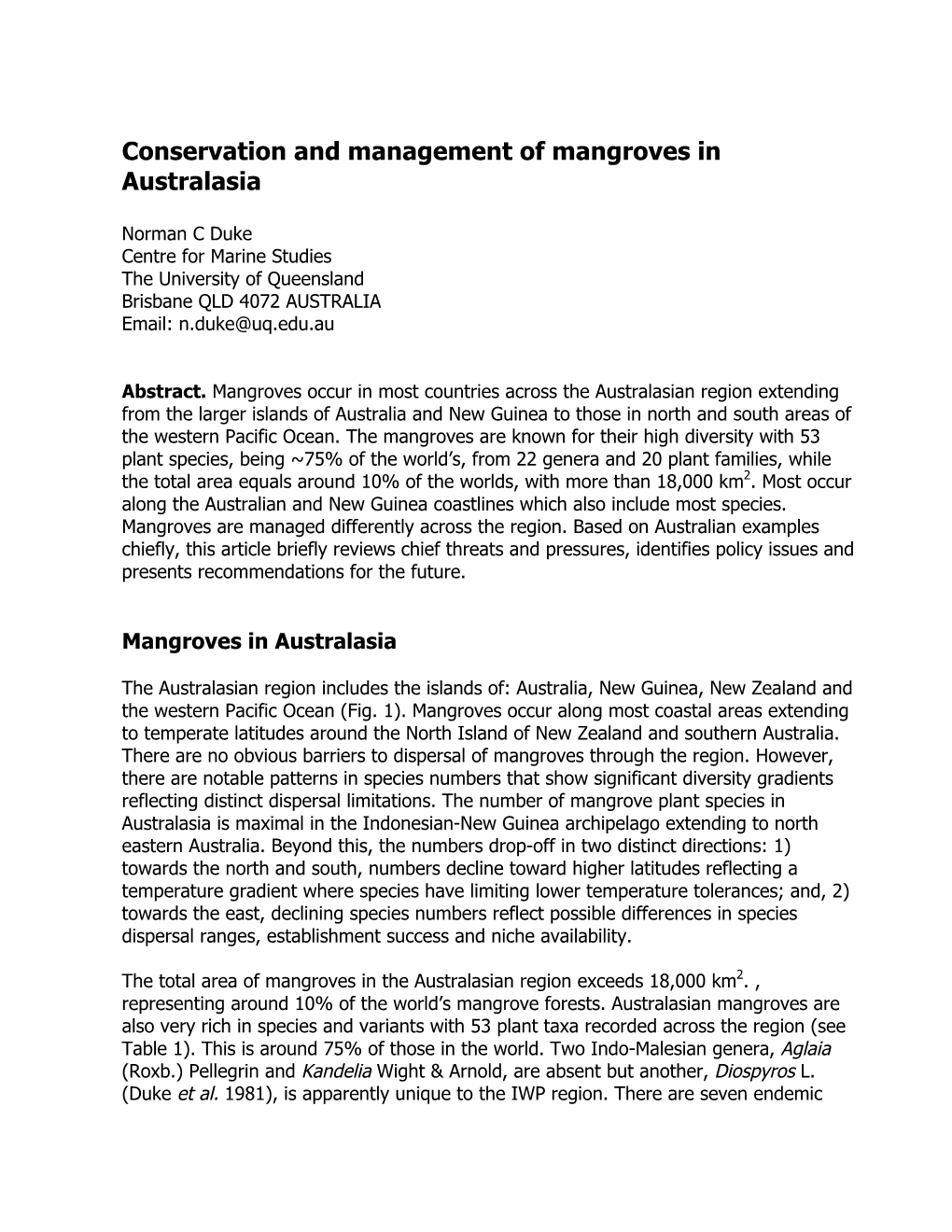 Conservation and Management of Mangroves in Australasia