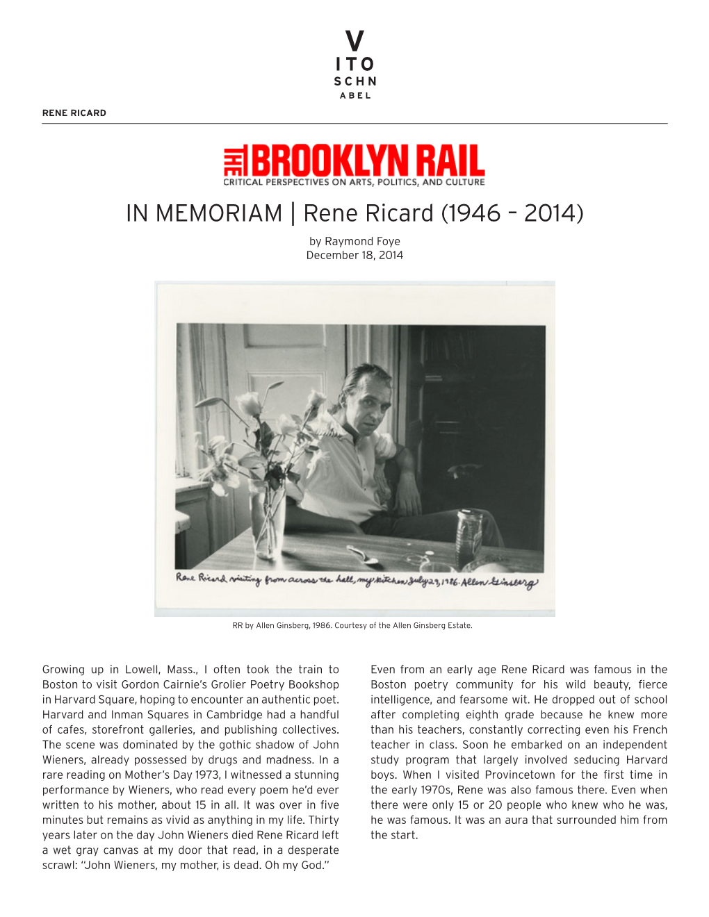 IN MEMORIAM | Rene Ricard (1946 – 2014) by Raymond Foye December 18, 2014