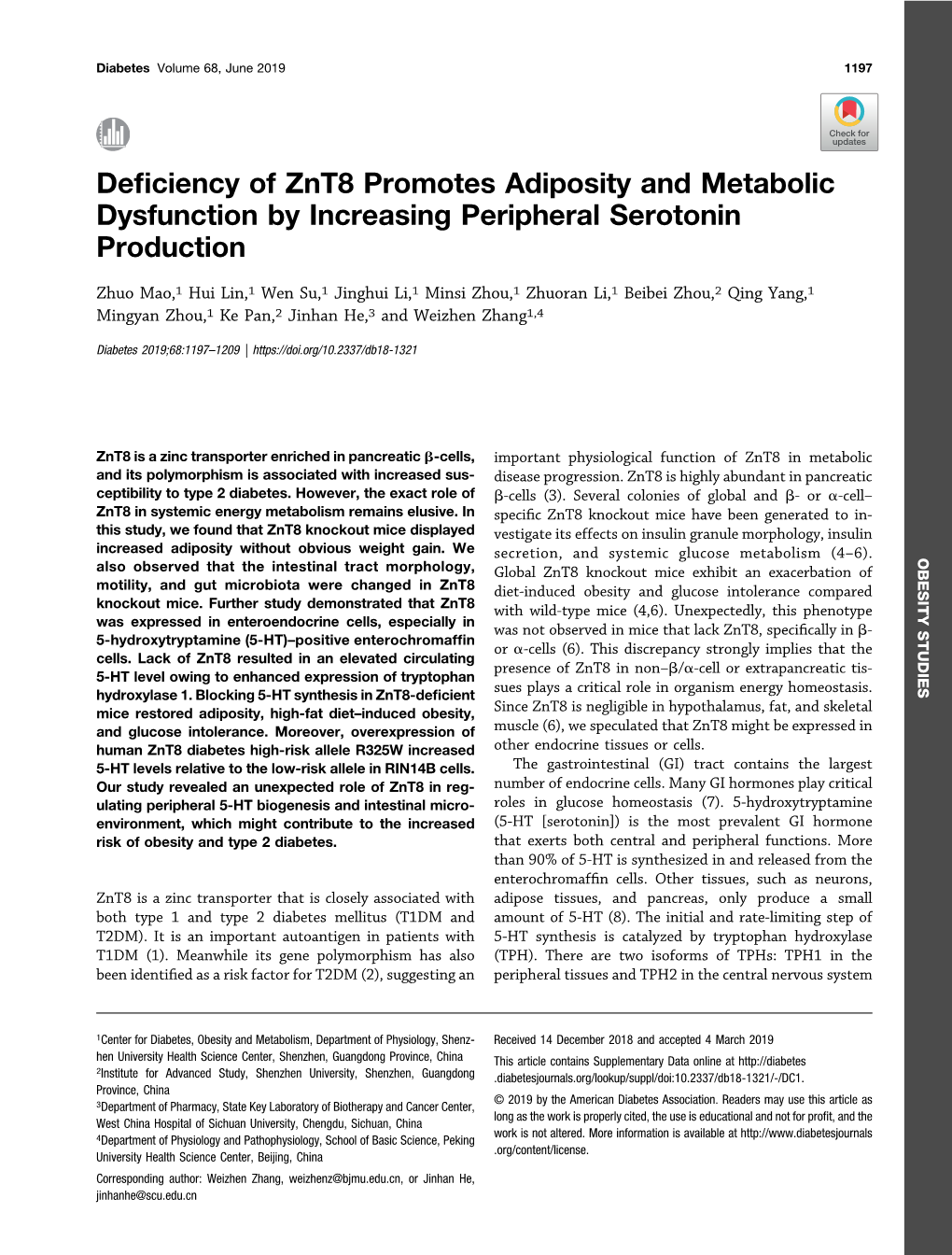 Deficiency of Znt8 Promotes Adiposity and Metabolic Dysfunction By