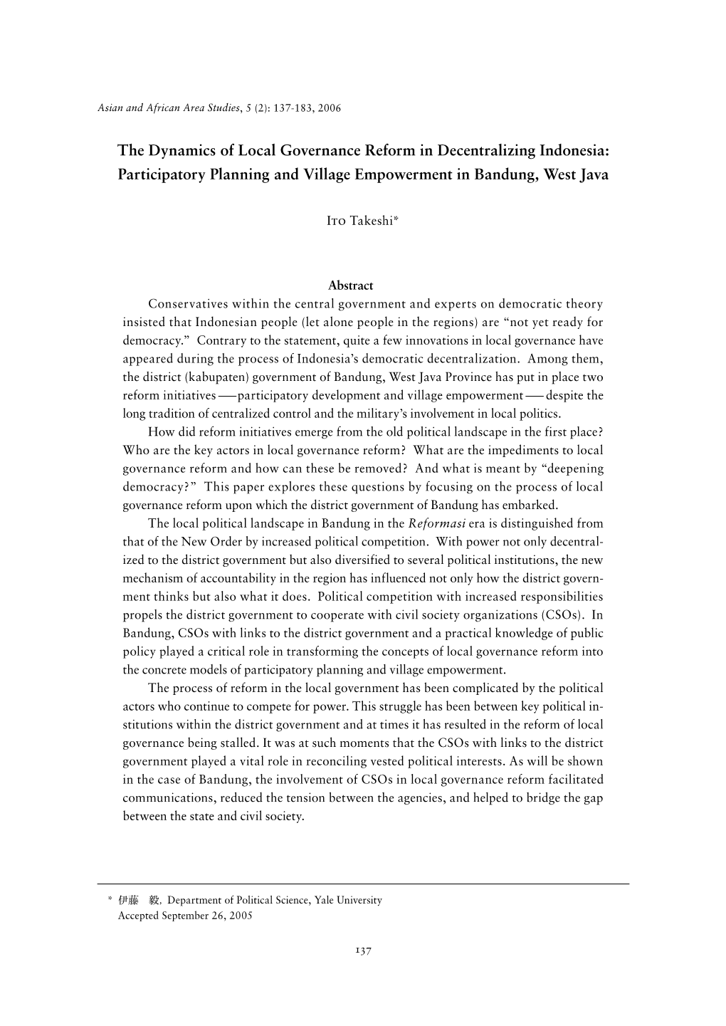 The Dynamics of Local Governance Reform in Decentralizing Indonesia: Participatory Planning and Village Empowerment in Bandung, West Java