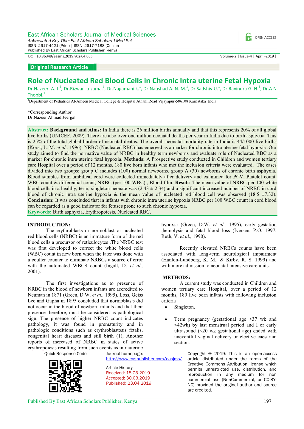 Role of Nucleated Red Blood Cells in Chronic Intra Uterine Fetal Hypoxia Dr.Nazeer A