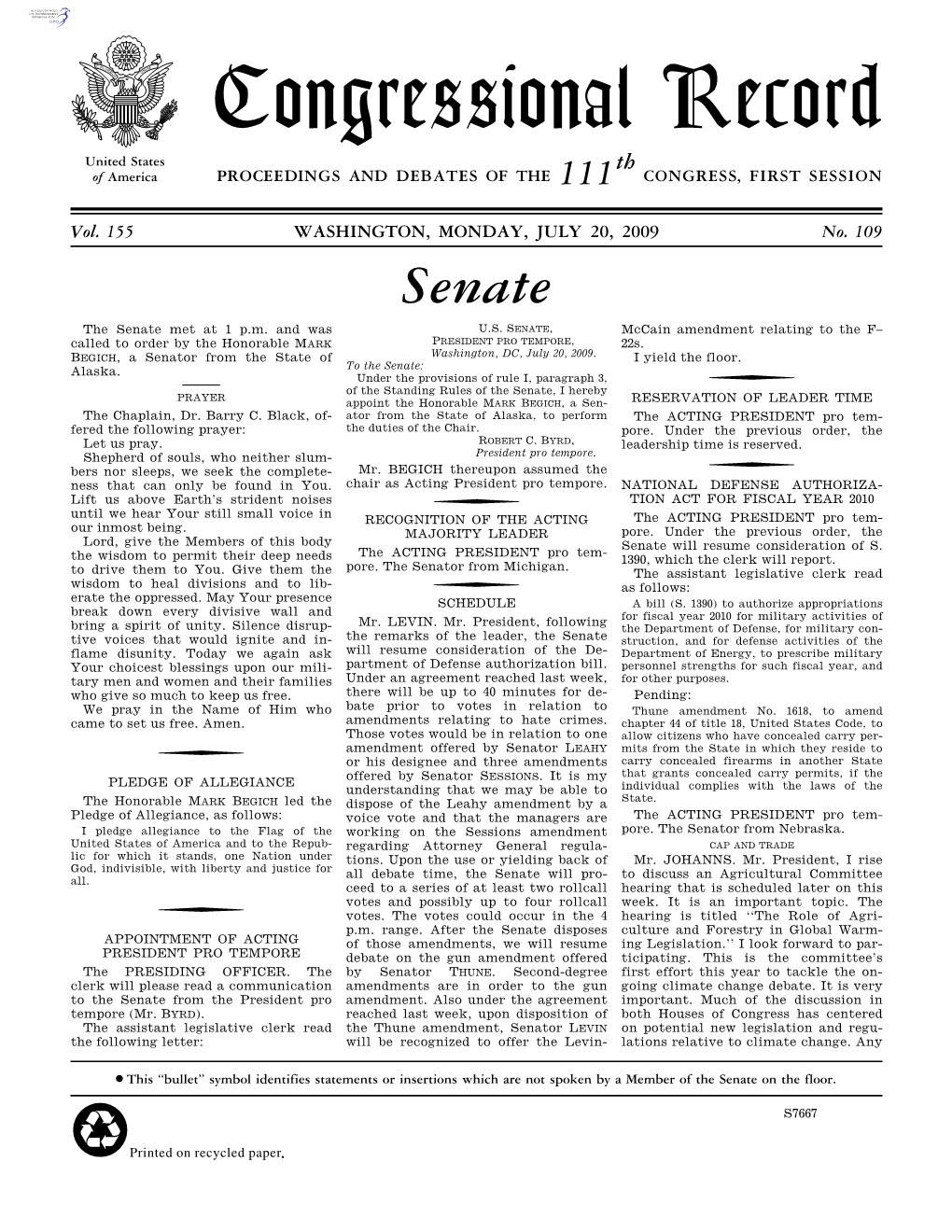 Congressional Record United States Th of America PROCEEDINGS and DEBATES of the 111 CONGRESS, FIRST SESSION