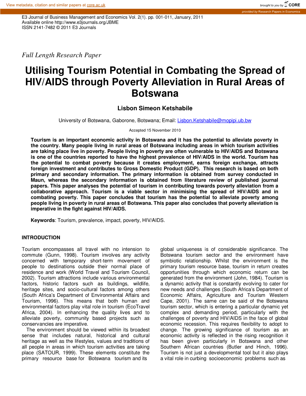 Utilising Tourism Potential in Combating the Spread of HIV/AIDS Through Poverty Alleviation in Rural Areas of Botswana