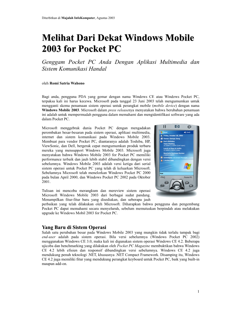 Melihat Dari Dekat Windows Mobile 2003 for Pocket PC