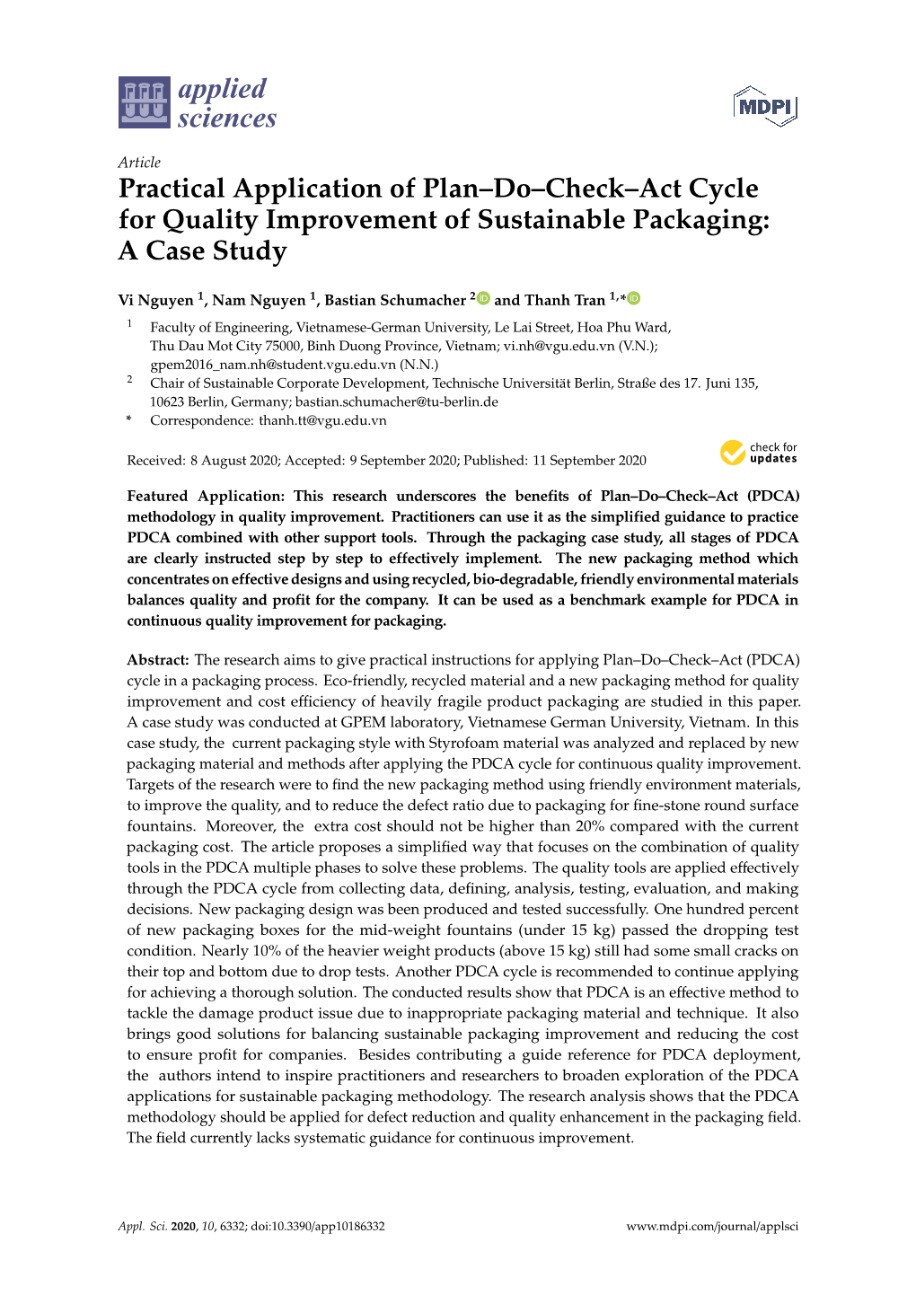 Practical Application of Plan–Do–Check–Act Cycle for Quality Improvement of Sustainable Packaging: a Case Study