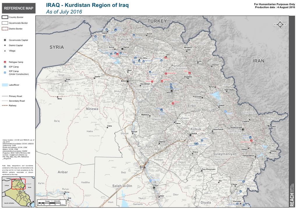 Kurdistan Region of Iraq Production Date : 4 August 2016 REFERENCE MAP As of July 2016 Country Border