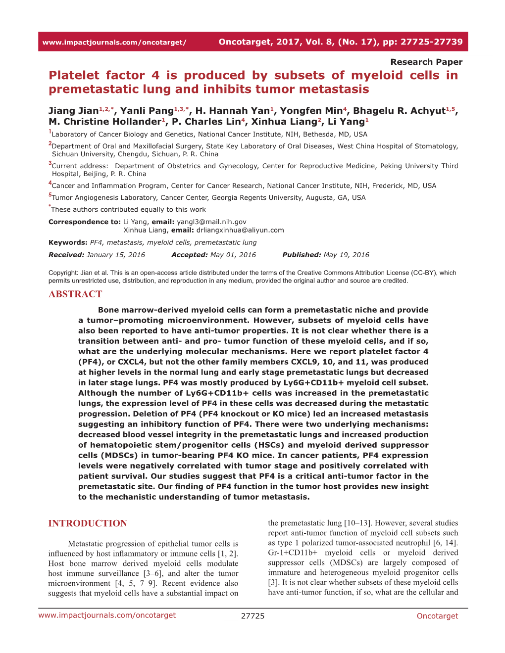 Platelet Factor 4 Is Produced by Subsets of Myeloid Cells in Premetastatic Lung and Inhibits Tumor Metastasis